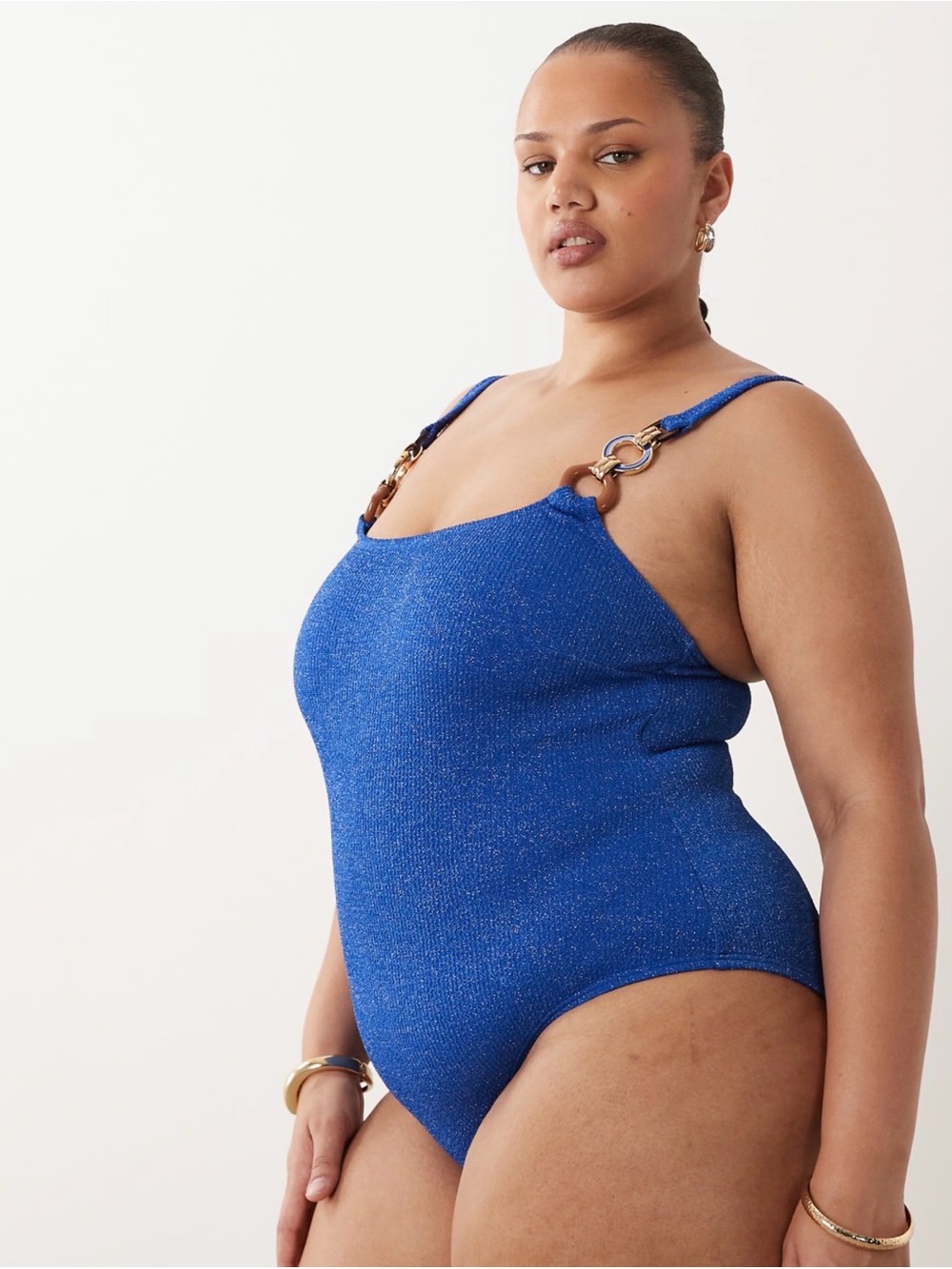 ASOS Blue Shimmer One-Piece Swimsuit with Ring Detail